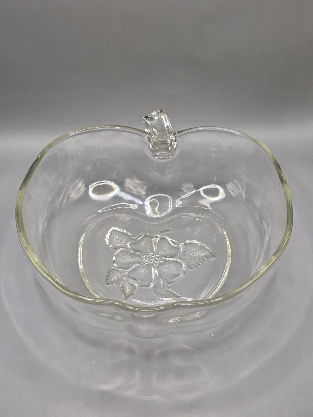 Vtg 1950s Hazel Atlas Clear Pressed Glass Apple Shaped Salad Bowl 10" Floral